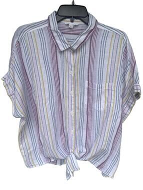 Beachlunchlounge Women's Linen Blend  Striped Button-Up Shirt with Tie Front -XL